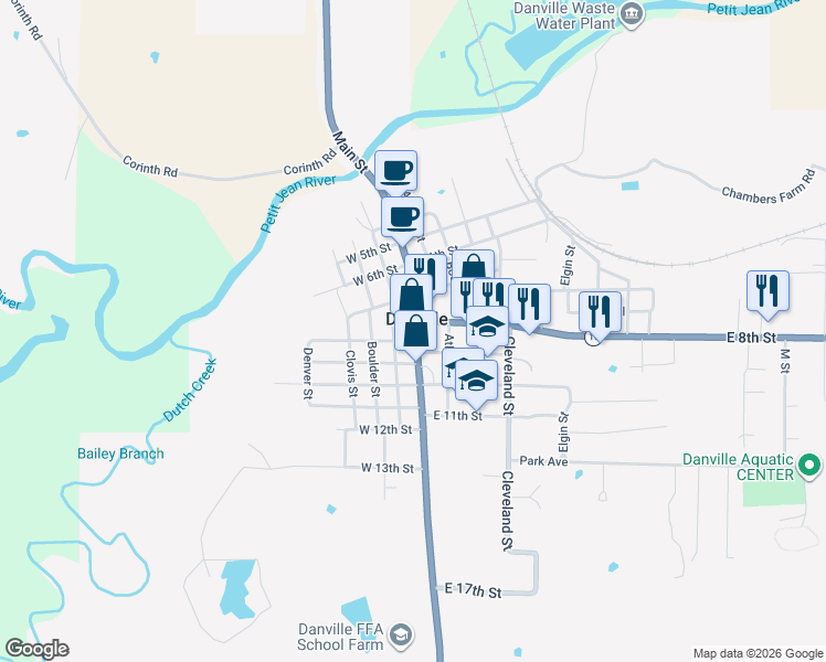map of restaurants, bars, coffee shops, grocery stores, and more near in Danville