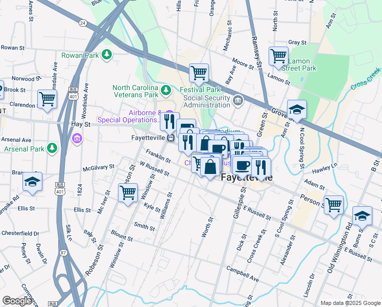 map of restaurants, bars, coffee shops, grocery stores, and more near 433 Hay Street in Fayetteville