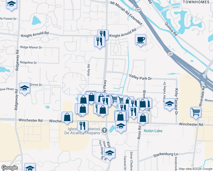 map of restaurants, bars, coffee shops, grocery stores, and more near 3486 Kirby Parkway in Memphis