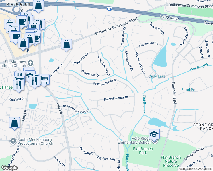 map of restaurants, bars, coffee shops, grocery stores, and more near 12024 Provincetowne Drive in Charlotte