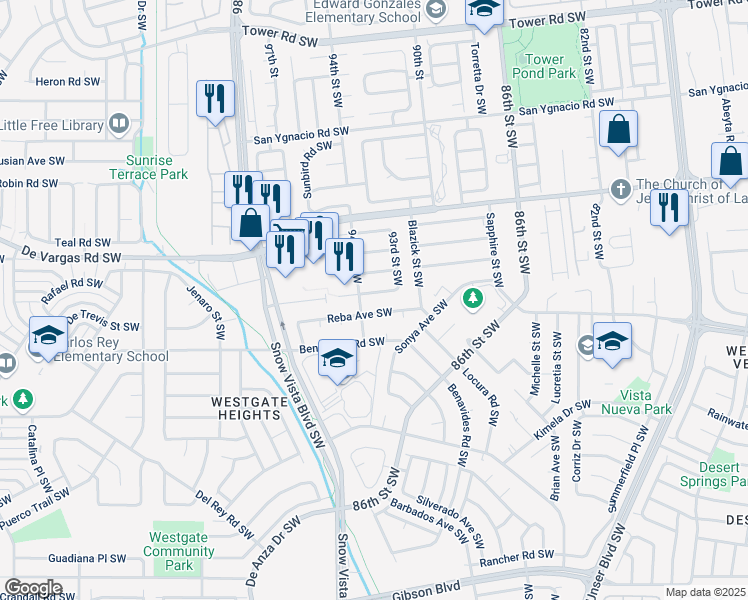 map of restaurants, bars, coffee shops, grocery stores, and more near 9304 Reba Avenue Southwest in Albuquerque