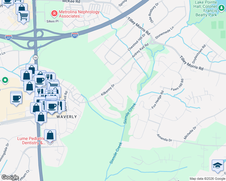 map of restaurants, bars, coffee shops, grocery stores, and more near 11329 Glanmire Drive in Matthews