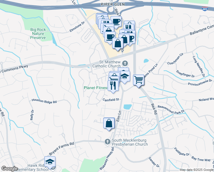 map of restaurants, bars, coffee shops, grocery stores, and more near 8218 Southgate Commons Drive in Charlotte