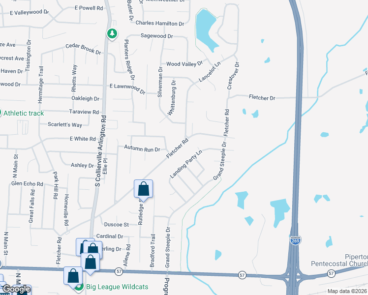 map of restaurants, bars, coffee shops, grocery stores, and more near 633 Fletcher Road in Collierville
