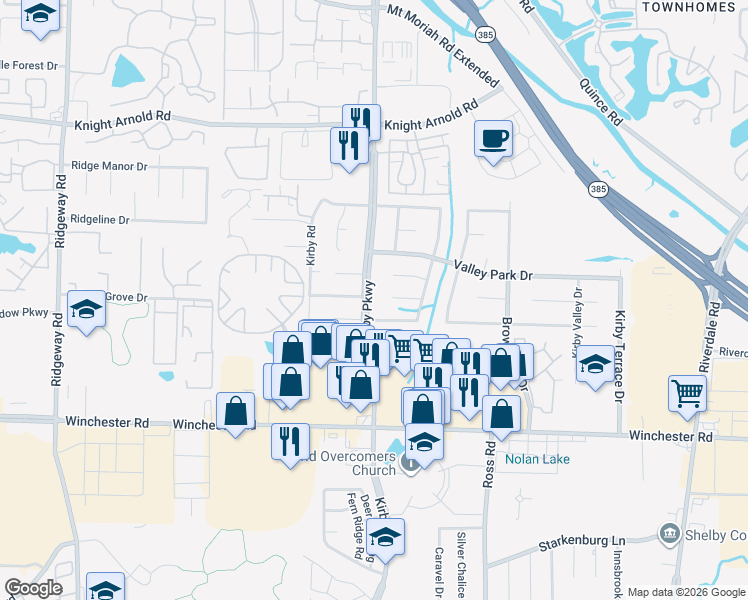 map of restaurants, bars, coffee shops, grocery stores, and more near 3486 Kirby Parkway in Memphis