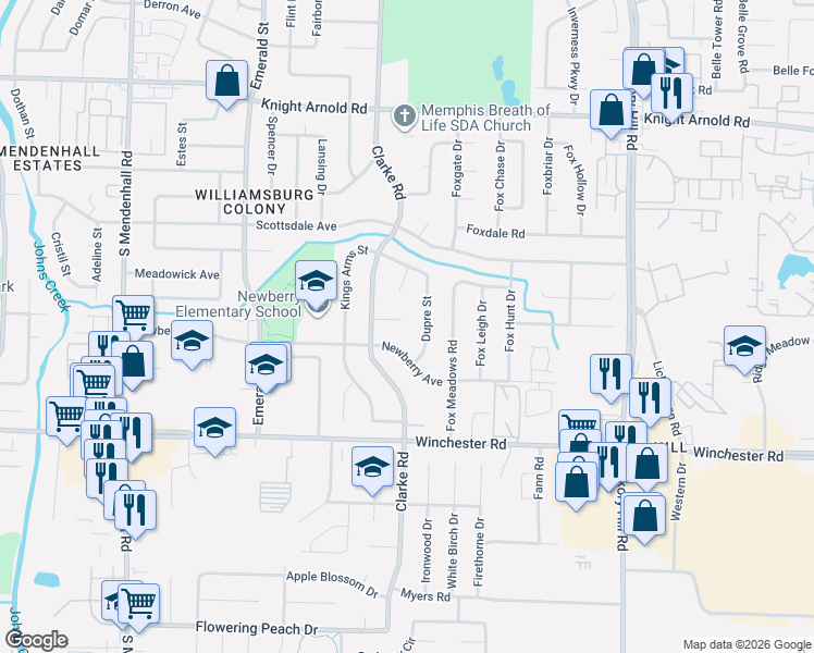 map of restaurants, bars, coffee shops, grocery stores, and more near 5640 Newberry Avenue in Memphis