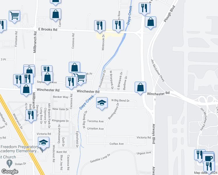 map of restaurants, bars, coffee shops, grocery stores, and more near 2002 Winchester Road in Memphis