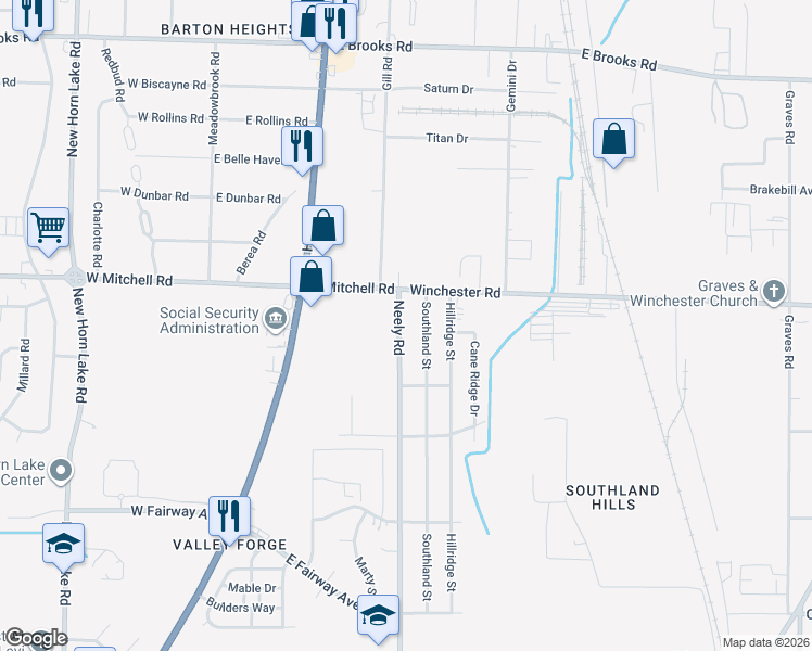 map of restaurants, bars, coffee shops, grocery stores, and more near 3483 Southland Street in Memphis