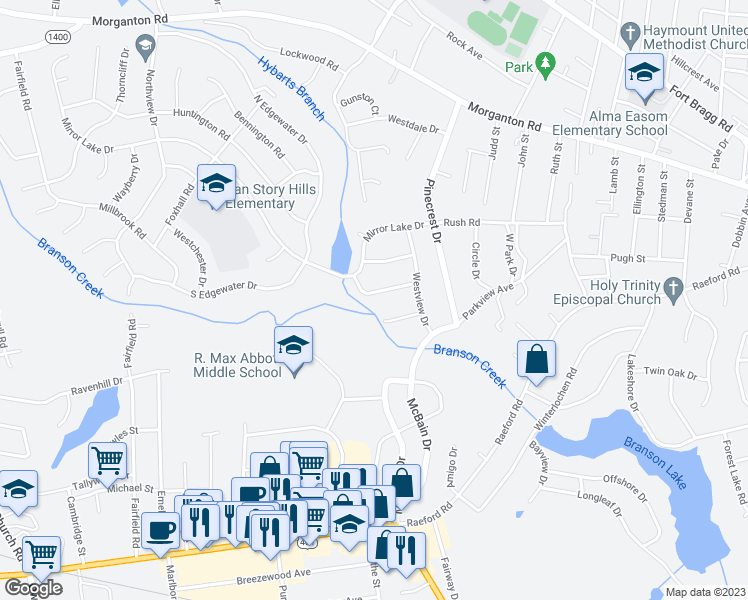 map of restaurants, bars, coffee shops, grocery stores, and more near 2231 Meadow Wood Road in Fayetteville