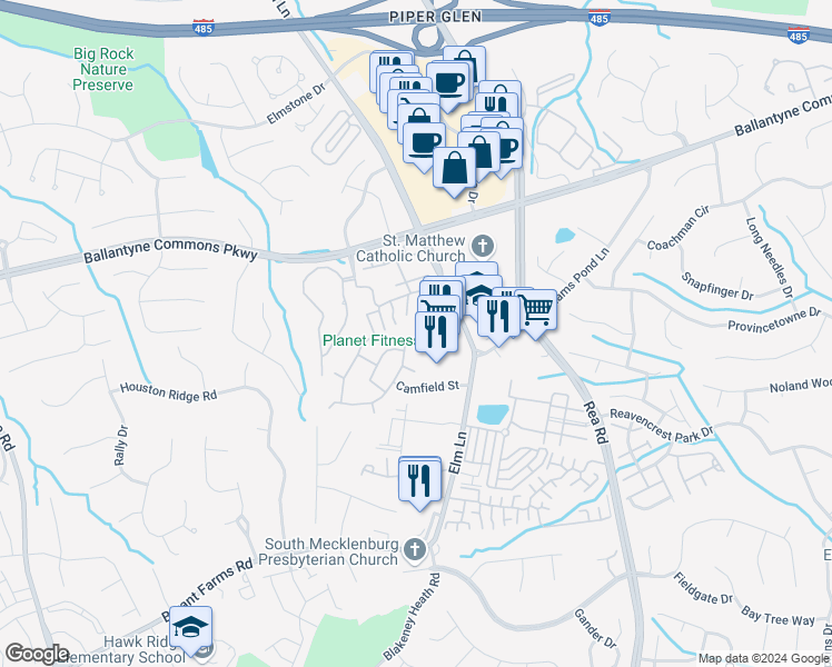 map of restaurants, bars, coffee shops, grocery stores, and more near 8205 Southgate Commons Drive in Charlotte