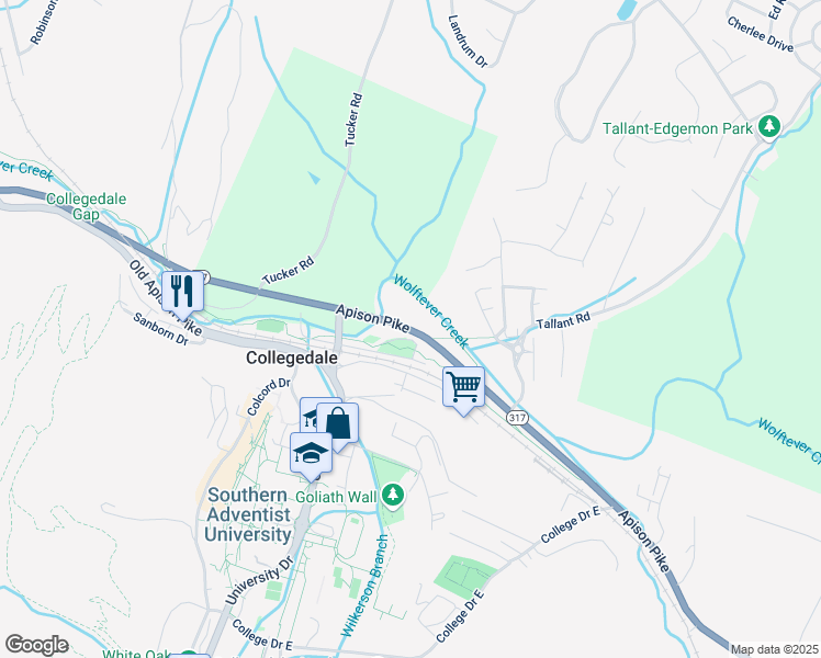map of restaurants, bars, coffee shops, grocery stores, and more near 5237 Tallant Road in Collegedale