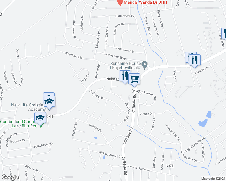 map of restaurants, bars, coffee shops, grocery stores, and more near 1151 Butterwood Circle in Fayetteville