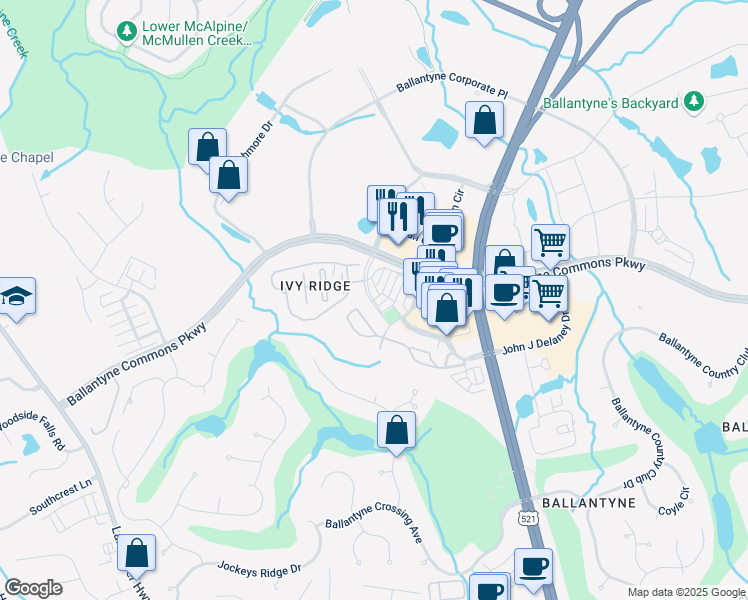 map of restaurants, bars, coffee shops, grocery stores, and more near 15130 Kessler Drive in Charlotte