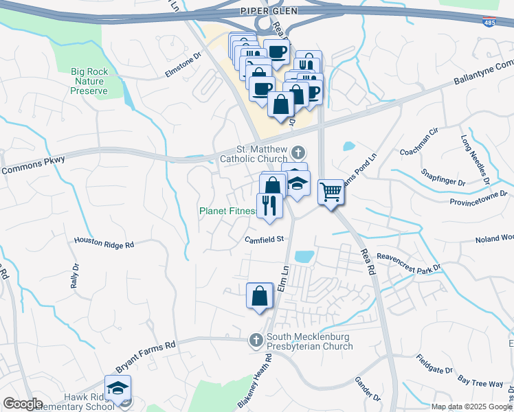 map of restaurants, bars, coffee shops, grocery stores, and more near 8205 Southgate Commons Drive in Charlotte