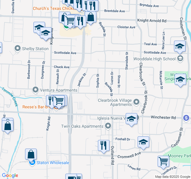 map of restaurants, bars, coffee shops, grocery stores, and more near 3469 Sophia Street in Memphis