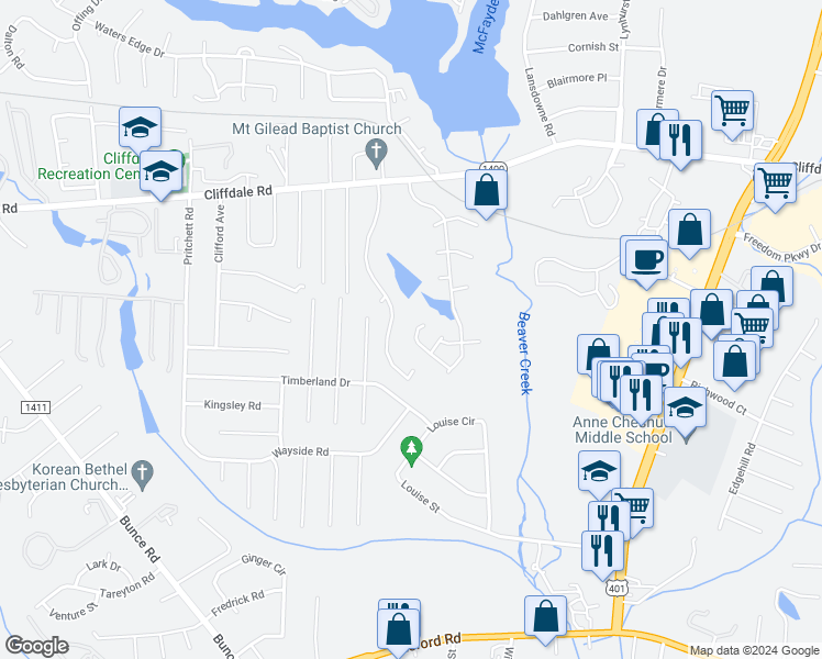 map of restaurants, bars, coffee shops, grocery stores, and more near 3159 Wisteria Lane in Fayetteville