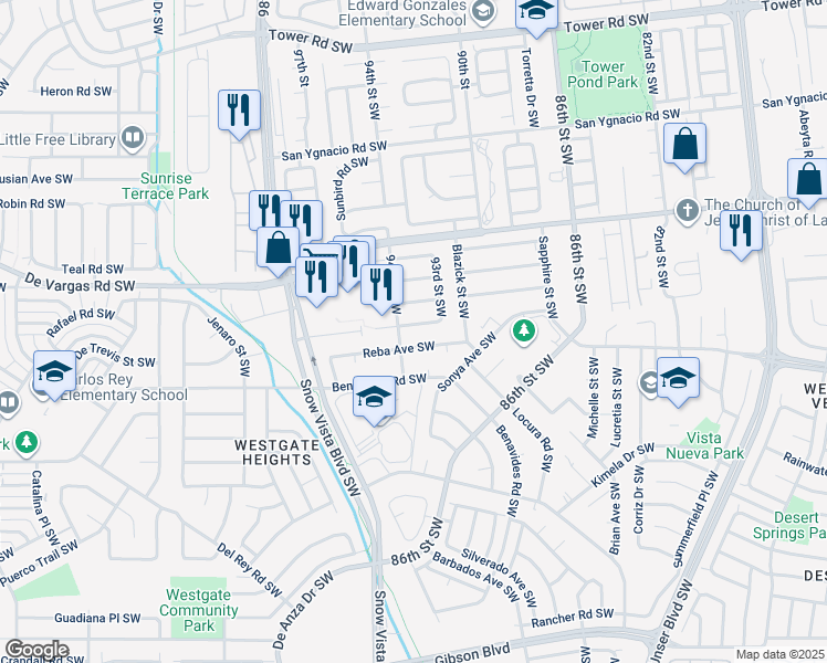 map of restaurants, bars, coffee shops, grocery stores, and more near 9304 Reba Avenue Southwest in Albuquerque