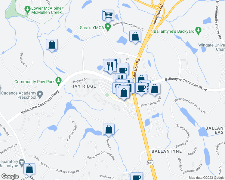 map of restaurants, bars, coffee shops, grocery stores, and more near 11342 Costigan Lane in Charlotte