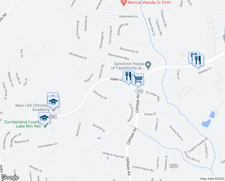 map of restaurants, bars, coffee shops, grocery stores, and more near 1143 Butterwood Circle in Fayetteville