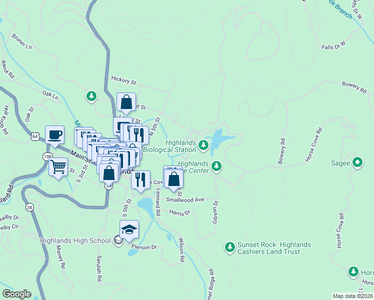 map of restaurants, bars, coffee shops, grocery stores, and more near 30 Tudor Hall Lane in Highlands