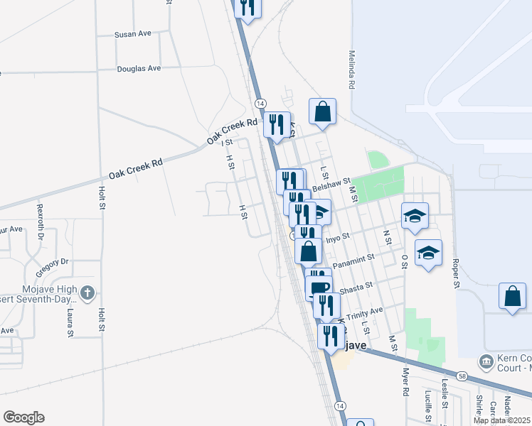 map of restaurants, bars, coffee shops, grocery stores, and more near I Street in Mojave