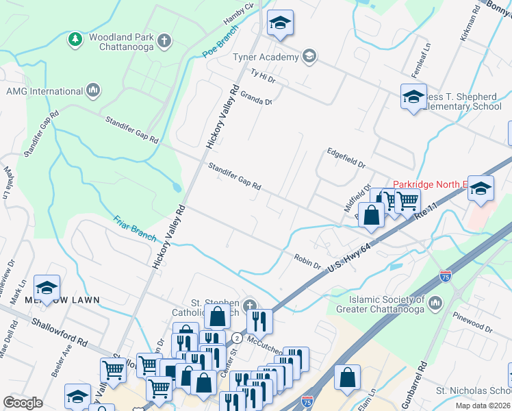 map of restaurants, bars, coffee shops, grocery stores, and more near 2571 Robin Drive in Chattanooga