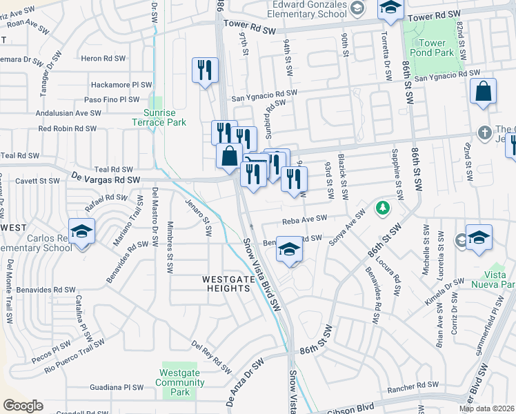 map of restaurants, bars, coffee shops, grocery stores, and more near 9624 Sage Road Southwest in Albuquerque