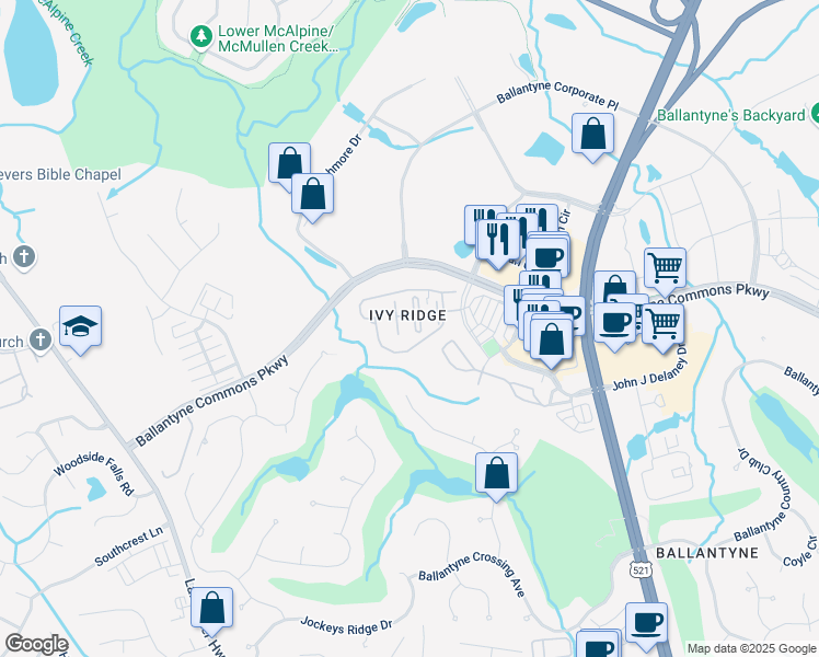 map of restaurants, bars, coffee shops, grocery stores, and more near 15111 Arleta Circle in Charlotte