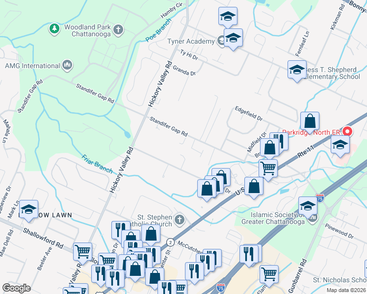 map of restaurants, bars, coffee shops, grocery stores, and more near 2571 Robin Drive in Chattanooga