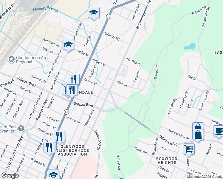 map of restaurants, bars, coffee shops, grocery stores, and more near 1612 North Chamberlain Avenue in Chattanooga