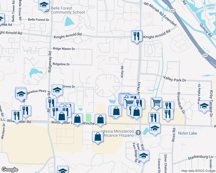 map of restaurants, bars, coffee shops, grocery stores, and more near 3535 Kirby Parkway in Memphis