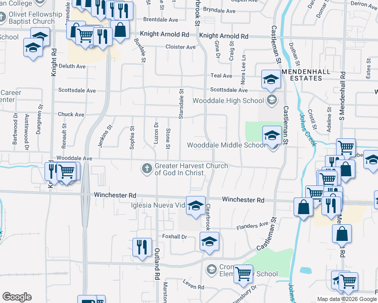 map of restaurants, bars, coffee shops, grocery stores, and more near 3478 Starsdale Street in Memphis