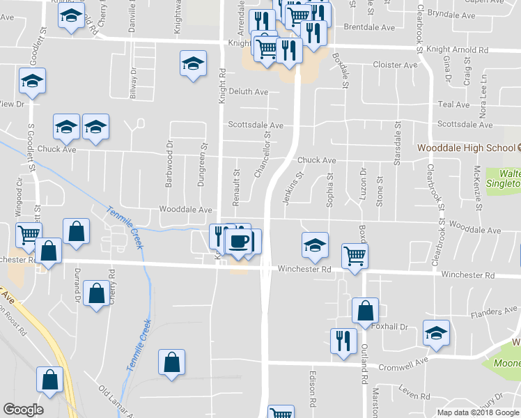 map of restaurants, bars, coffee shops, grocery stores, and more near 4651 Wooddale Avenue in Memphis