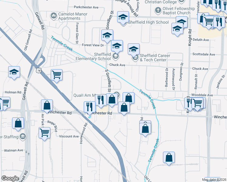 map of restaurants, bars, coffee shops, grocery stores, and more near 3493 South Goodlett Street in Memphis