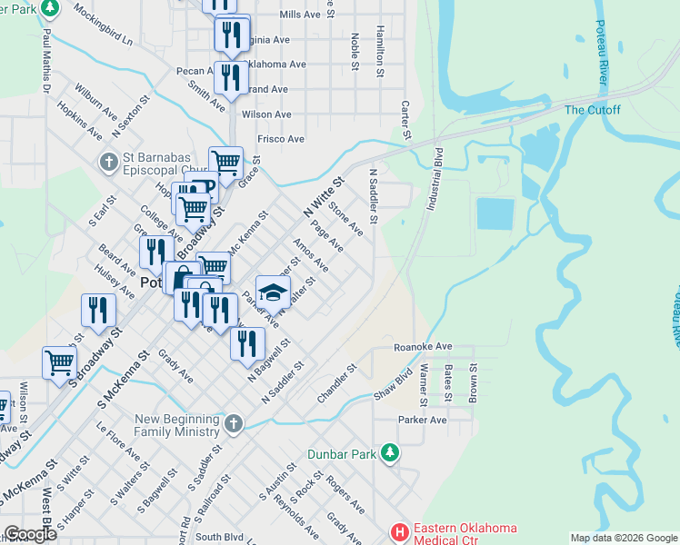 map of restaurants, bars, coffee shops, grocery stores, and more near 507 North Bagwell Street in Poteau