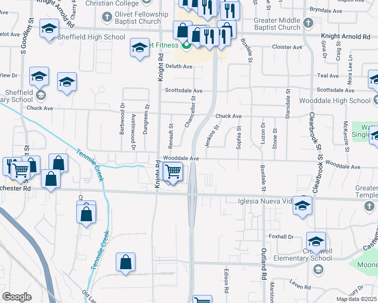 map of restaurants, bars, coffee shops, grocery stores, and more near 3469 South Perkins Road in Memphis