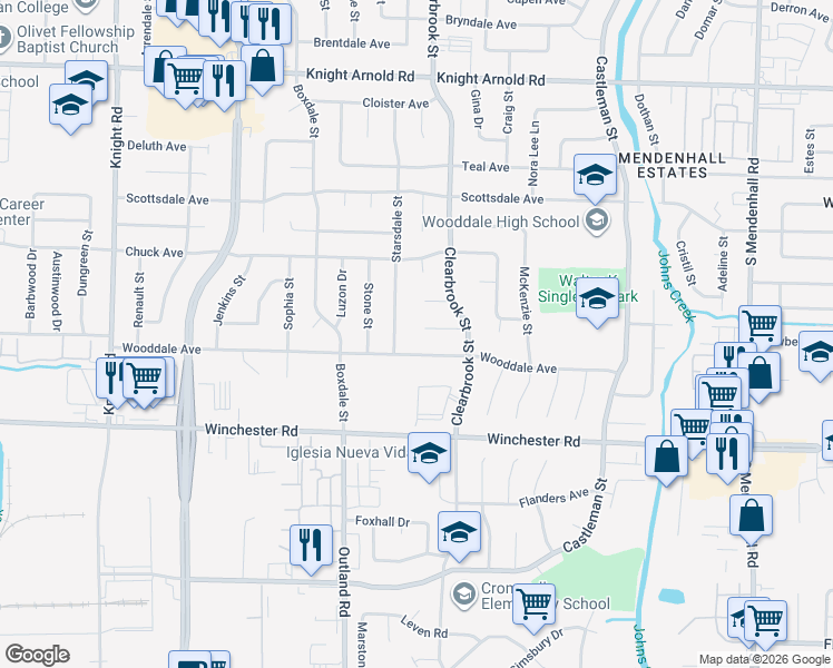 map of restaurants, bars, coffee shops, grocery stores, and more near 3478 Starsdale Street in Memphis