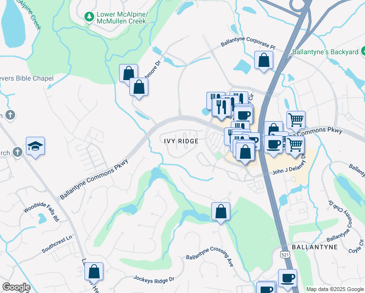 map of restaurants, bars, coffee shops, grocery stores, and more near 15111 Arleta Circle in Charlotte