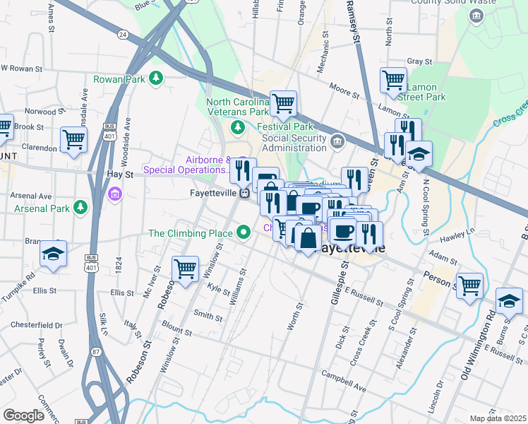 map of restaurants, bars, coffee shops, grocery stores, and more near 443 Hay Street in Fayetteville