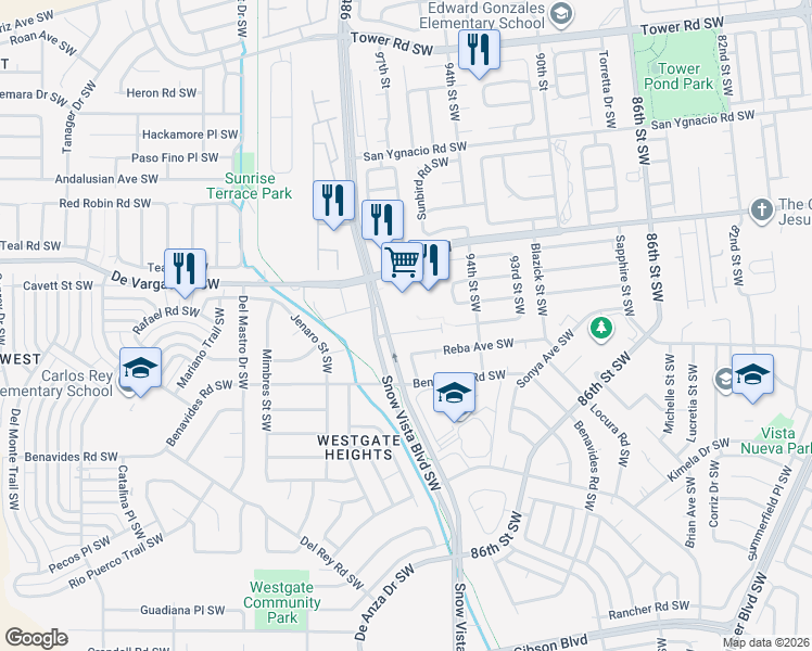 map of restaurants, bars, coffee shops, grocery stores, and more near 9624 Sage Road Southwest in Albuquerque
