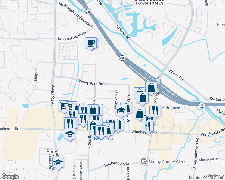 map of restaurants, bars, coffee shops, grocery stores, and more near 6830 Kirby Arms Drive in Memphis