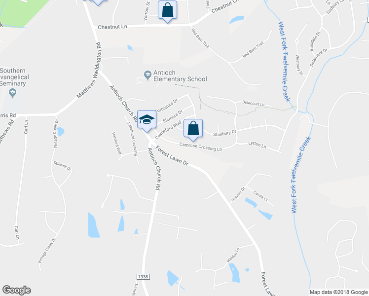 map of restaurants, bars, coffee shops, grocery stores, and more near 4018 Camrose Crossing Lane in Matthews