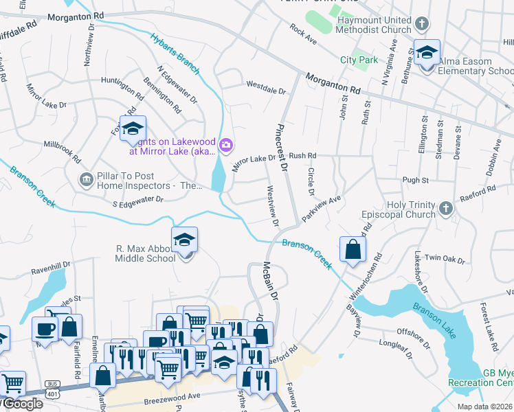 map of restaurants, bars, coffee shops, grocery stores, and more near 2220 Westhaven Drive in Fayetteville