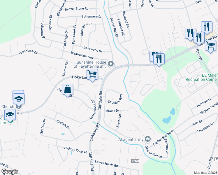 map of restaurants, bars, coffee shops, grocery stores, and more near 1209 Renee Court in Fayetteville