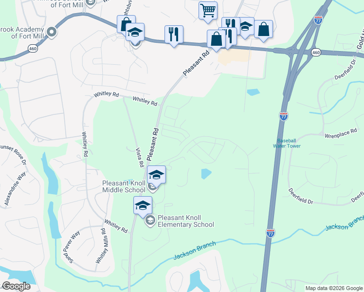 map of restaurants, bars, coffee shops, grocery stores, and more near 1874 Vista Road in Fort Mill