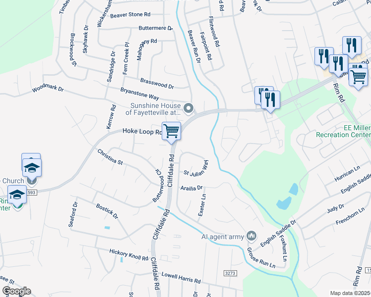 map of restaurants, bars, coffee shops, grocery stores, and more near 1209 Renee Court in Fayetteville