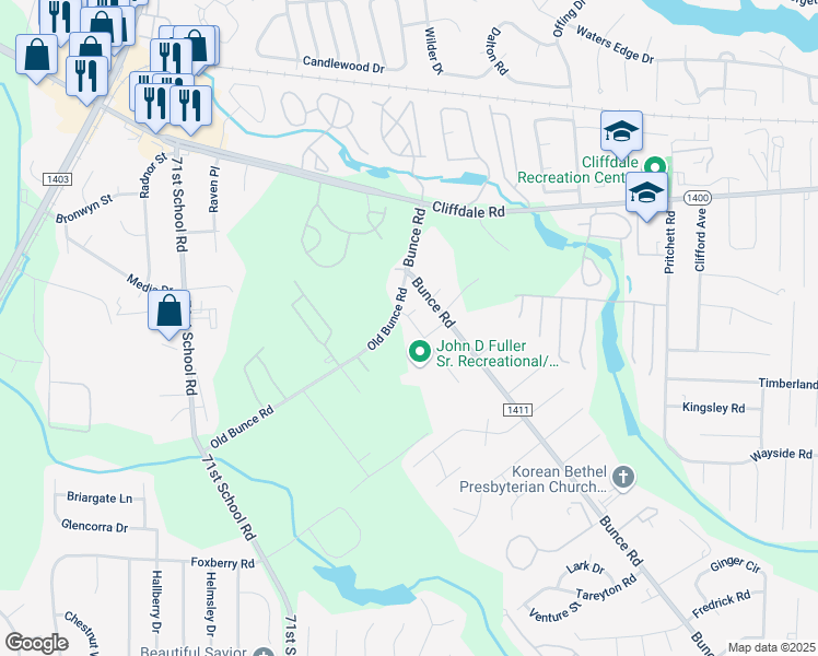 map of restaurants, bars, coffee shops, grocery stores, and more near 3619 Canby Oak Lane in Fayetteville