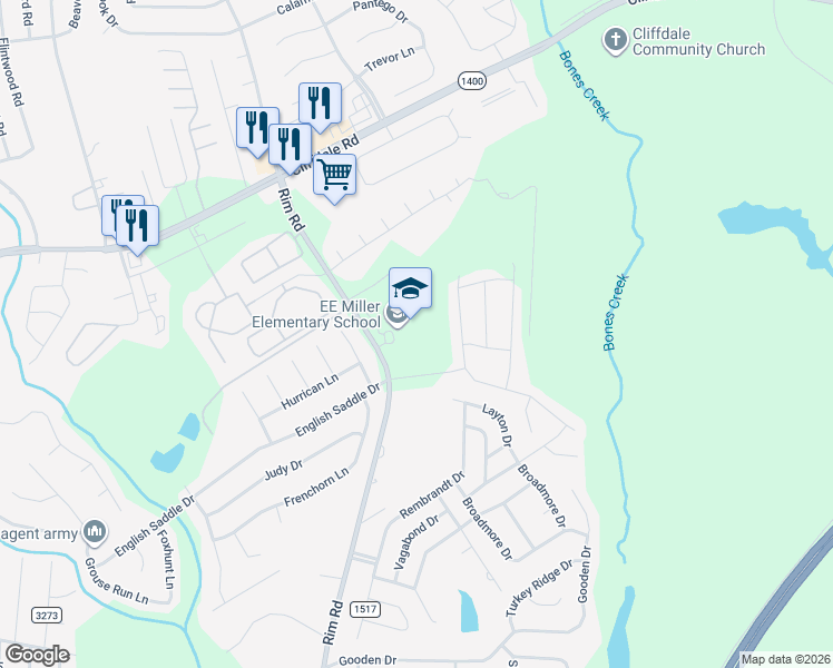 map of restaurants, bars, coffee shops, grocery stores, and more near 1351 Rim Road in Fayetteville