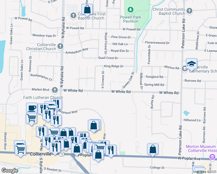map of restaurants, bars, coffee shops, grocery stores, and more near 535 King Oaks Cove in Collierville