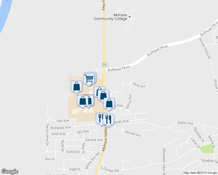 map of restaurants, bars, coffee shops, grocery stores, and more near 3640 Highway 95 in Bullhead City